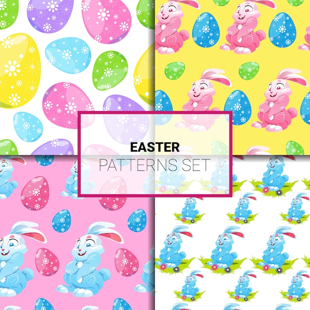 Easter Patterns Set Seamless With Cartoon Rabbits And Colorful Eggs Ornament