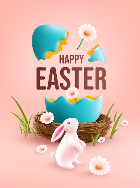 Easter poster and banner template with Easter eggs in the nest and Cute Bunny