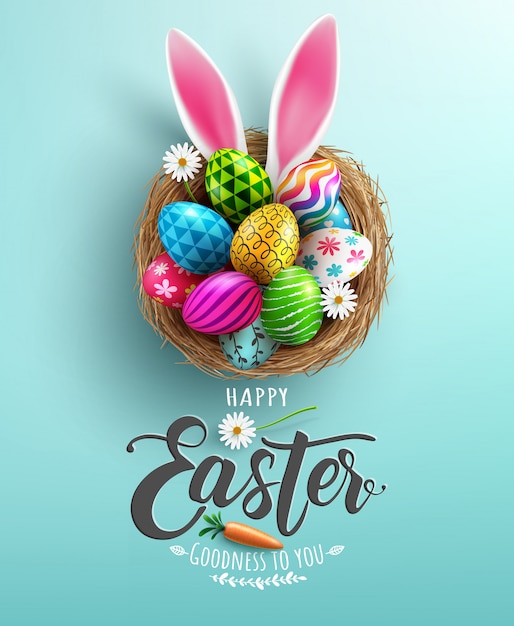 Easter poster and banner template with Easter eggs in the nest