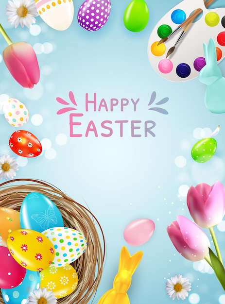 Easter poster template with 3d realistic eggs, paint.