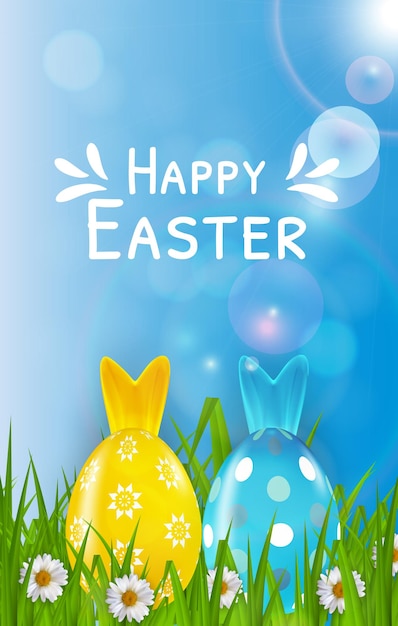 Easter poster template with 3d realistic eggs, and spring grass