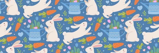 Easter rabbit carrot and garden watering can pattern Blue Background with bunnies vegetation