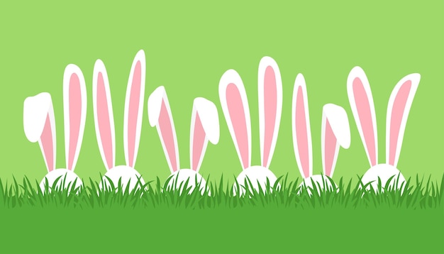 Easter rabbits bunny row in green grass backgrond cartoon ears border Easter eggs hunt