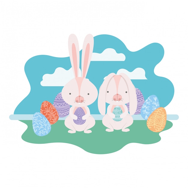 Easter rabbits on landscape with egg icon