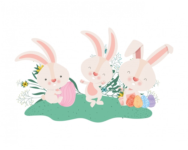 Easter rabbits with eggs and flowers icon