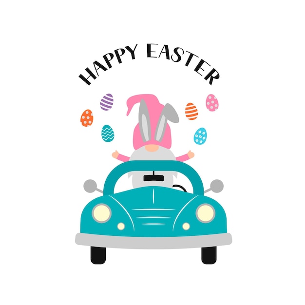 Easter retro car with cute gnome Easter celebration typography poster Spring holidays vector illustration Easy to edit template for party invitation greeting card banner