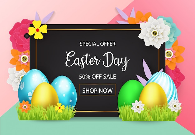 Easter sale advertising background with colored eggs vector