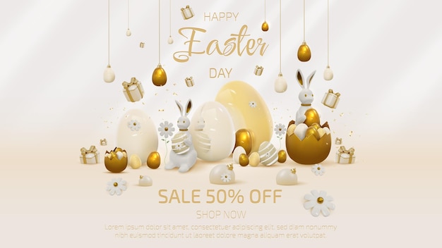 Easter sale banner background with 3d realistic rabbit and egg and gift box elements decorations