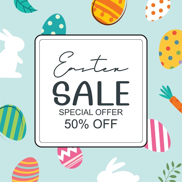 Easter sale banner design template with colorful eggs and flowers Use for social media advertising