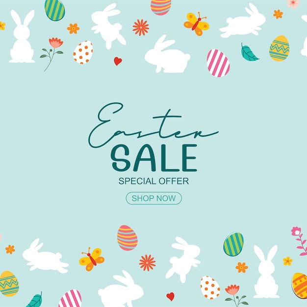 Easter sale banner design template with colorful eggs and flowers Use for social media advertising