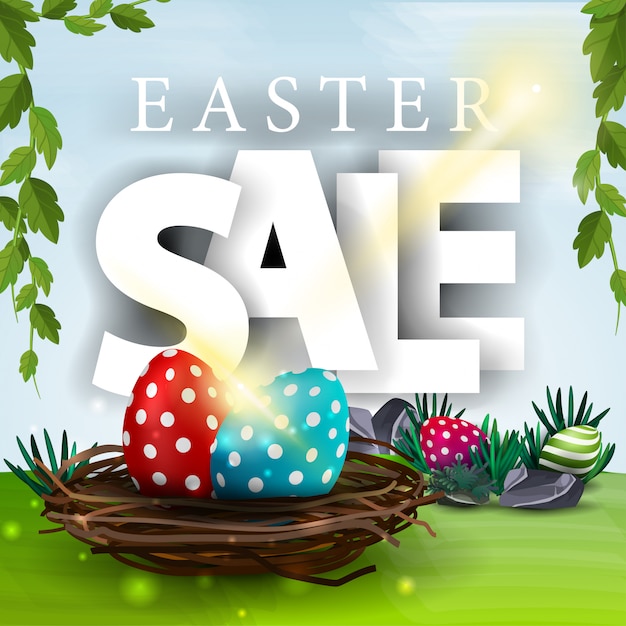 Easter sale banner with spring landscape