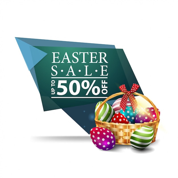 Easter sale, green banner with basket with Easter eggs