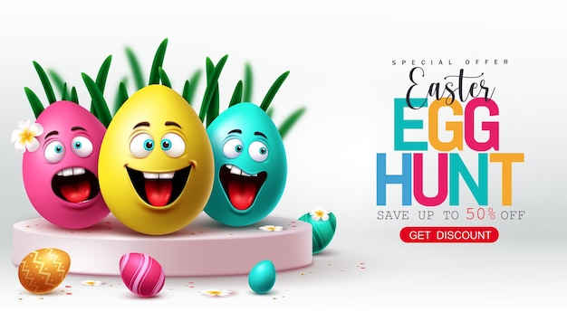 Easter sale podium vector banner Easter egg hunt special offer 50 discount for holiday season