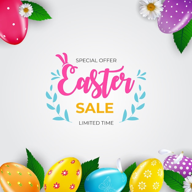 Easter sale poster template with 3d realistic Easter eggs and paint.  