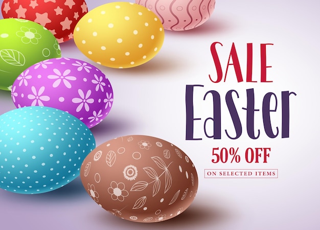 Easter sale vector banner design and template with colorful eggs and sale text in white background