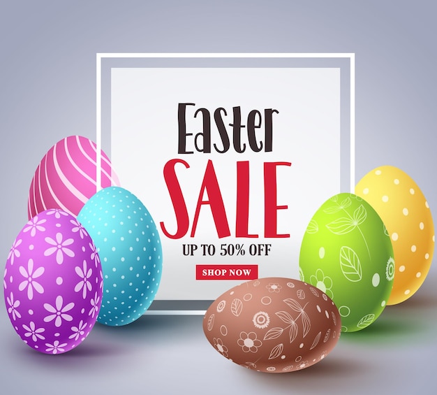 Easter sale vector banner design with colorful eggs elements and sale text