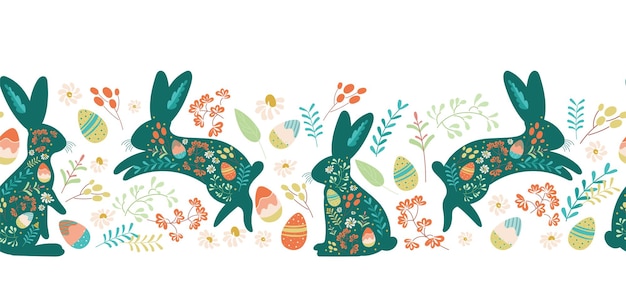 Easter seamless border with bunnies and eggs in flower meadow on transparent background Vector