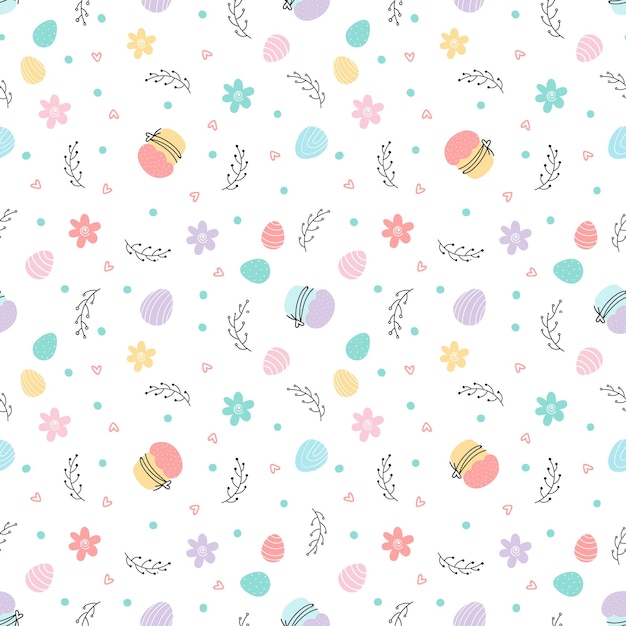 Easter seamless easter cake, eggs, willow, flowers. Hand-drawn vector illustration. Easter background for, textiles, postcards