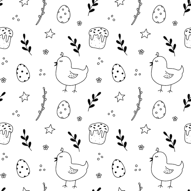 Easter seamless pattern Cute chicks festive Easter eggs Easter cakes spring twigs flowers