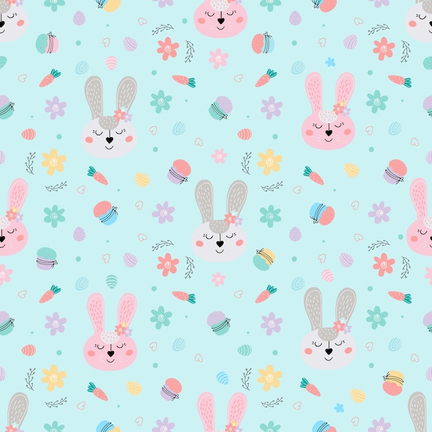 Easter seamless pattern with bunny, cakes, eggs, willow. Cute Easter bunnies pattern. Hand-drawn flat vector illustration.