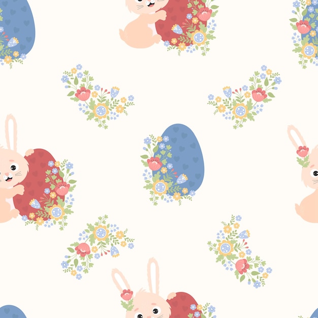 Easter seamless pattern with cute rabbit and Easter egg with flowers