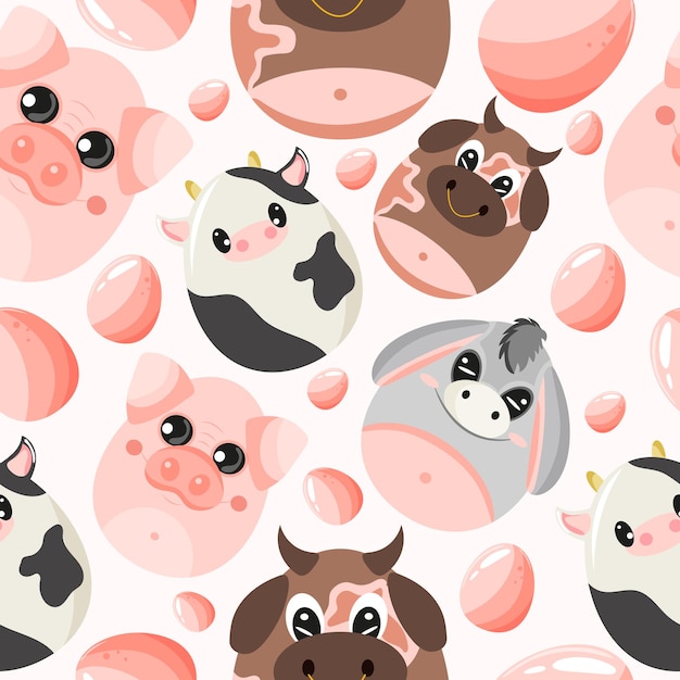 Easter seamless pattern with decorated eggs with cows pig bull and donkeys and pink eggs