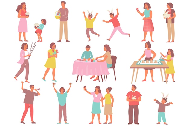 Easter set of flat icons and isolated human characters of kids and adults during easter activities vector illustration