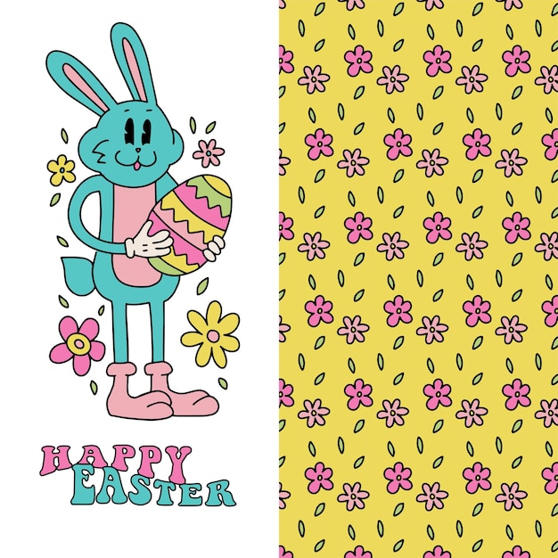 Easter set for greeting card spring floral background and groovy retro cartoon bunny character linea