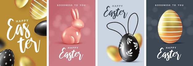 Easter Set of greeting posters holiday covers cards flyers designModern minimal design with eggs and rabbits for social media sale advertisement web