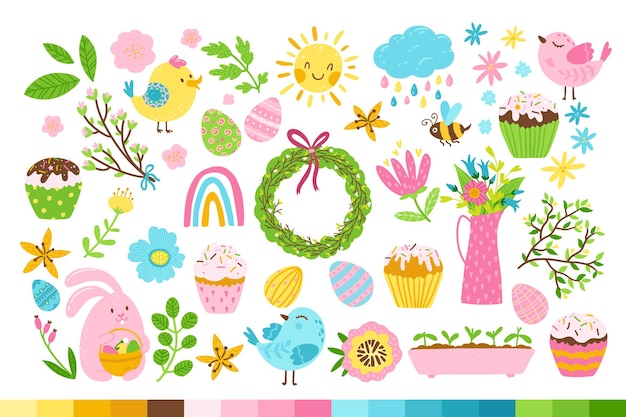 Easter set with hare, birds, eggs, sweet cupcakes, spring flowers.