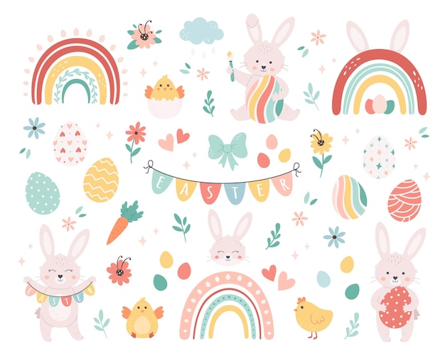 Easter set with painted eggs rabbits rainbow flowers and chickens