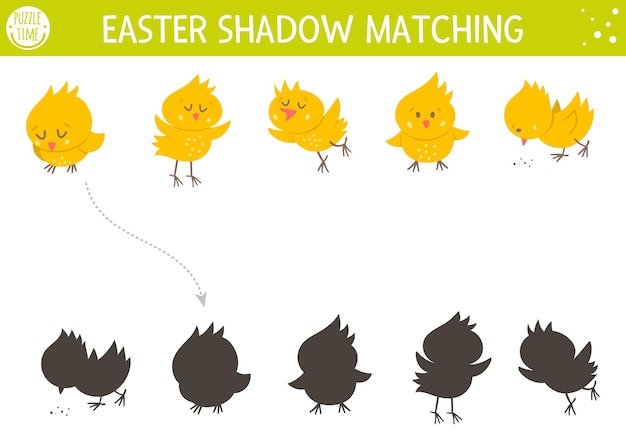 Easter shadow matching activity for children with chickens. Fun spring puzzle with cute farm birds. Holiday celebration educational game for kids. Find the correct silhouette printable worksheet.