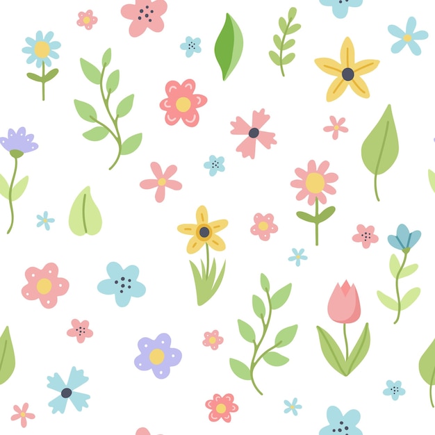 Easter spring pattern with cute flowers and leaves. Hand drawn flat cartoon elements. 