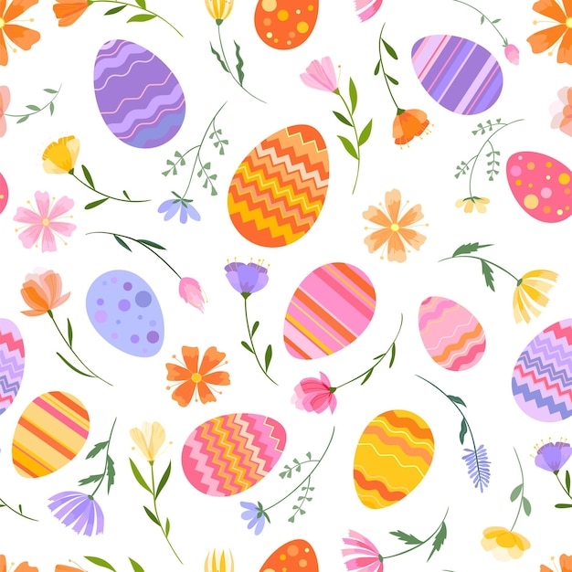 Easter spring seamless pattern Bright colorful Easter eggs and spring flowers and herbs