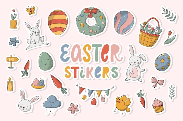 Easter stickers pack Hand drawn doodles clipart in cartoon style