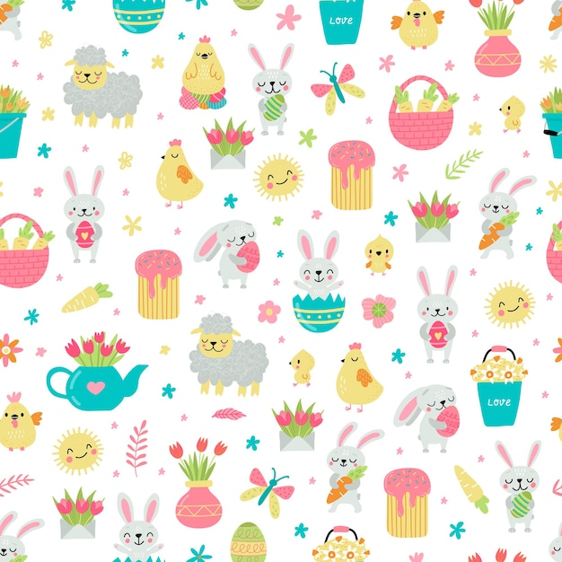 Easter style with rabbits, eggs and basket in pastel colors seamless pattern illustration