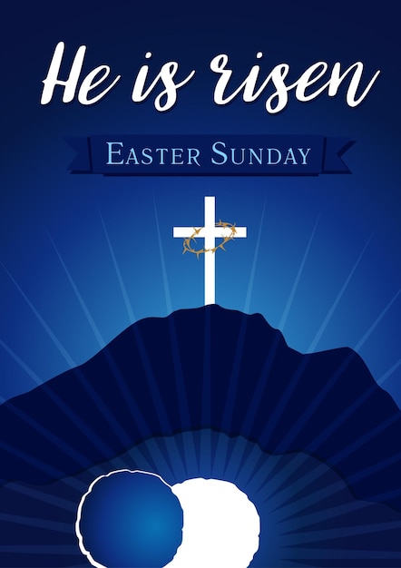 Vector easter sunday he is risen greeting card design calvary scene and open grave illustration