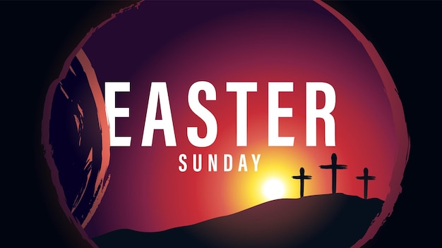 Easter Sunday morning illustration. Tomb and Calvary with three cross. Holy week poster