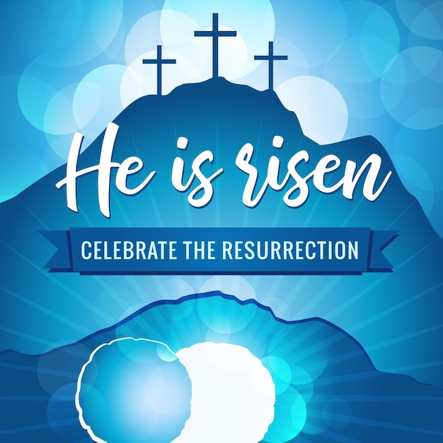 Easter Sunday religious greetings. He is risen, celebrate the resurrection church banner concept.