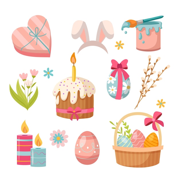 Easter symbols set Collection of spring design elements on white background Vector illustration