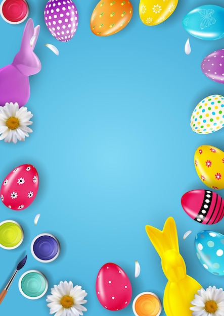 Easter template with 3d realistic Easter eggs.