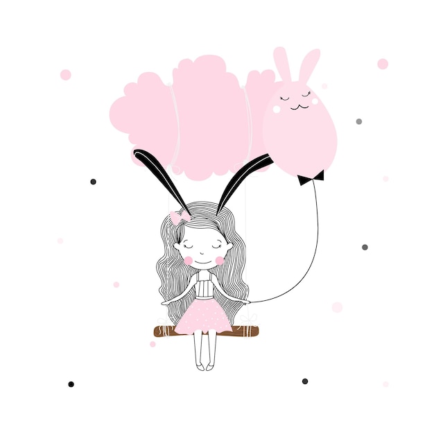 Easter themed kids characters cute little ribbon Holding a rabbitshaped ball girl in pink