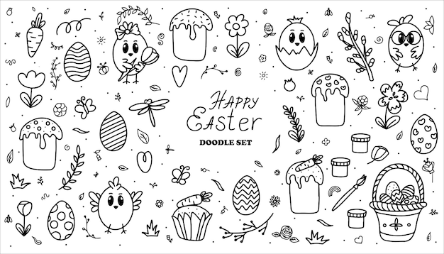 Easter traditional doodle collection  eggs chickens basket christian vector set decorating vector ha...