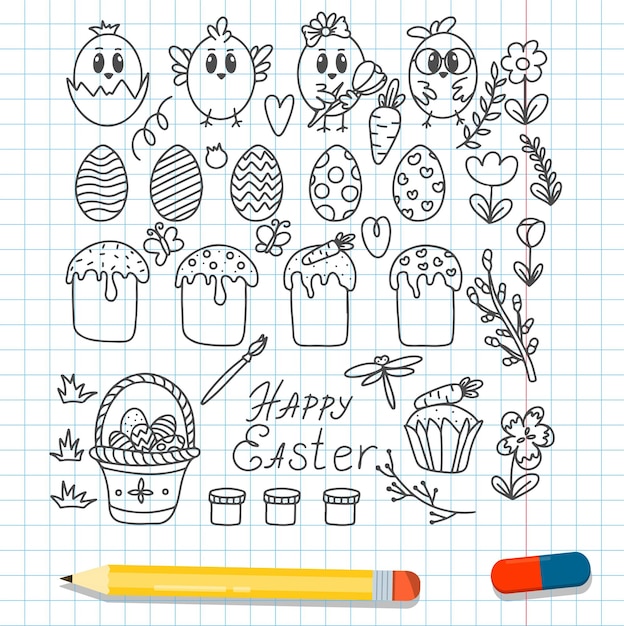 Easter traditional doodle collection  eggs chickens basket christian vector set decorating vector ha...