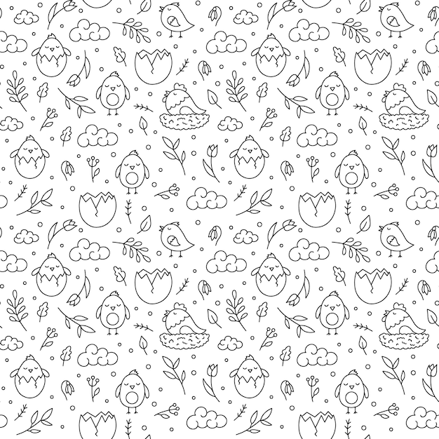 Easter vector seamless pattern with chickens and flowers in Doodle style