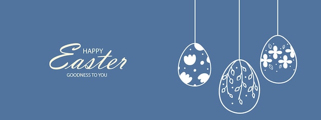 Vector easter web banner with garland of vintage easter eggs on blue background with place for text