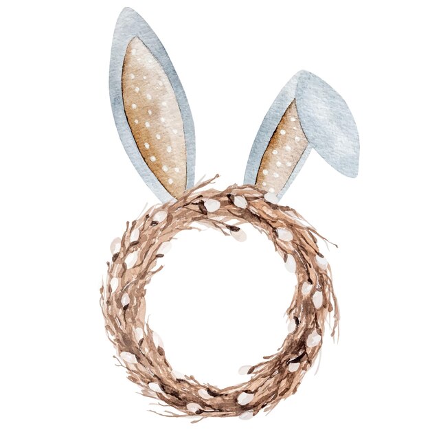 Vector easter willow wreath with bunny ears watercolor art for chrisitian holiday spring religion