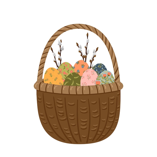 Easter wooden wicker basket painted eggs branch of pussy willow Vector Happy Easter greeting card