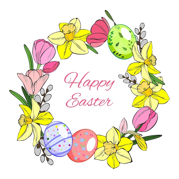 Easter wreath with tulips daffodils colored eggs and willow branches Vector illustration