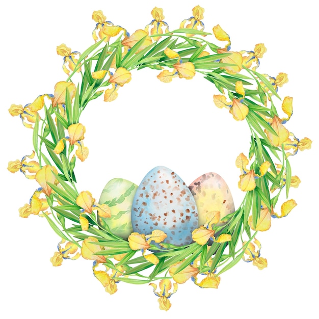 Easter wreath with yellow flowers irises and eggs watercolor illustration Floral circle border